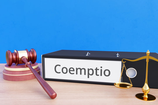 Coemptio – Folder with labeling, gavel and libra – law, judgement, lawyer
