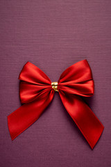 Gift red bow on vertical textured purple background