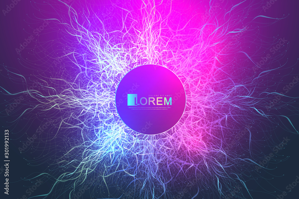 Poster Abstract scientific background with dynamic particles, wave flow. 3D data visualization with fractal elements. Cyberpunk style. Digital vector illustration