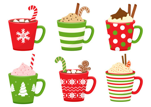 Winter holiday cups with drinks. Mugs with hot chocolate, cocoa or coffee, and cream. Gingerbread man cookie, candy cane, cinnamon sticks, marshmallows. Vector illustration