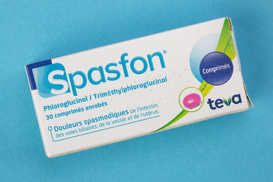 Closeup on Spasfon box on blue background