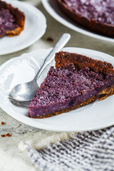 Piece of vegetarian Berry Pie. Vegan baking concept.