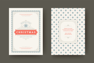 Naklejka premium Christmas greeting card vintage typographic design, ornate decorations symbols with snowflake, winter holidays wish