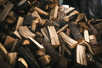 Foto op Aluminium Stapel brandhout op een hoop. Naald- en bladverliezende stapels brandhout. © tibor13
