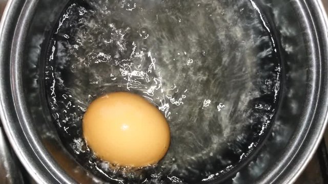 chicken egg is boiling in a pan on a gas stove