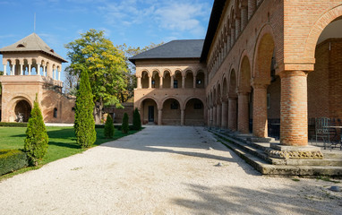 Architectural image with the guesthouse building and gate tower , part of the Mogosoaia Palace...