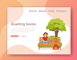 Young woman reading book sitting on a bench in park.