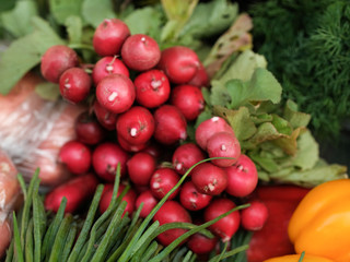 multi-colored vegetables on a market counter. Green onions, red and yellow peppers and tomatoes.