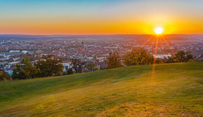 Cityscape sunset over city of Amberg, Germany, Bavaria, panorama view