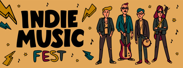 Indie music festival horizontal banner or cover template. IIllustration of musicians and and indie rock fest inscription. Template for banner, card, poster. Vector.