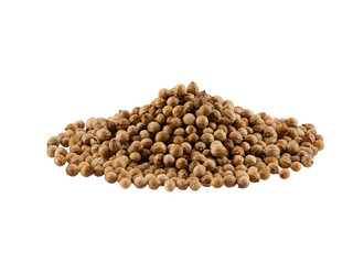 Small pile of dried coriander seeds isolated on white background with copy space for text or images. Spices and herbs. Packaging concept. Close-up.