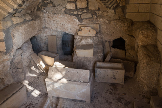 Group crypt - burial place with sarcophagus in Dominus Flevit Church on the Mount Eleon - Mount of Olives in East Jerusalem in Israel