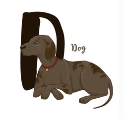 Hand drawn illustration of cute digital dog character and "D" letter of english alphabet. 