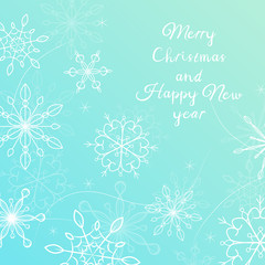 Fototapeta na wymiar Stylish vector illustration with snowflakes and lettering on blue background. For greeting cards, poster, cover, web and advertising banner, flyer, mailing, package design.