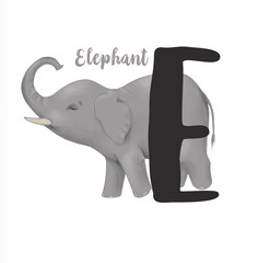 Hand drawn illustration of cute digital elephant character and "E" letter of english alphabet. 