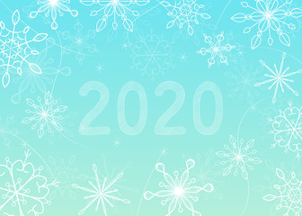 Fototapeta na wymiar Stylish vector illustration with snowflakes and digits 2020 on blue background. For greeting cards, poster, cover, web and advertising banner, flyer, mailing, package design.For greeting cards, poster