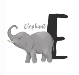 Hand drawn illustration of cute digital elephant character and 