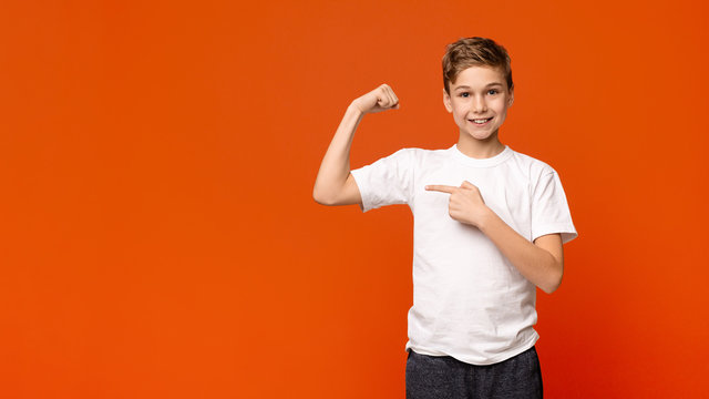 Confident Strong Teenager Showing His Biceps, Panorama