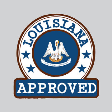 Vector Stamp of Approved logo with Louisiana Flag in the round shape on the center. The states of America. Grunge Rubber Texture Stamp of Approved from Louisiana.
