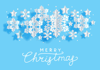 Christmas horizontal greeting card with paper snowflakes and stars on blue background for Your holiday design