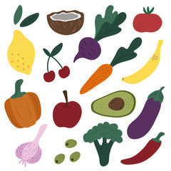 Set of vegetables and fruits.Good for restaurant menu.Collection of healthy food.Multi-colored icons. 