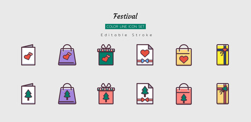 filled color line icon symbol set, festival celebration, christmas, new year, valentine, present, Isolated flat vector design, editable stroke