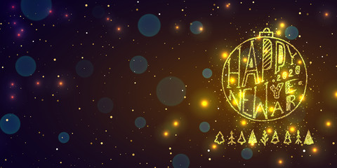 Obraz premium Happy new year. Gold text in a retro frame on dark background