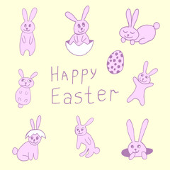 Cute easter icon and animal pet collection, with easter eggs in nest, rabbit and lettering. Hand drawn vector illustration.