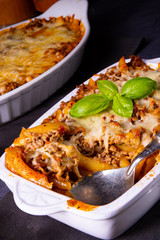 noodle , minced meat casserole with cheese