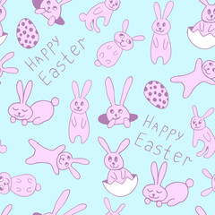Cute easter icon and animal pet collection, with easter eggs in nest, rabbit and lettering. Hand drawn vector illustration.