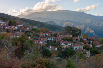 Palaios Panteleimonas village with old stonemason buildings on the foothills of Olympus mountain