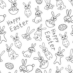 Cute easter icon and animal pet collection, with easter eggs in nest, rabbit and lettering. Hand drawn vector illustration.