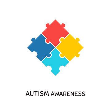 Autism awareness month vector banner design element. Children with brain development disorder support, ASD solidarity symbol. Colorful jigsaw puzzle flat illustration with typography