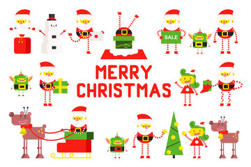 Cute Santa Claus, Christmas tree, reindeer, elf, girl and snowman. Vector cartoon character set isolated on white background.