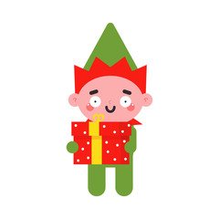 Elf with gift boxes. Cute Christmas vector cartoon character isolated on white background.