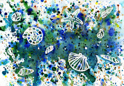 Abstract multicolored blue paint stain with spots and white elements of sea shells