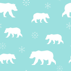 Vector seamless pattern of polar bears and snowflakes on a blue background. Great for home decor, gift wrap, children's textiles, notebook covers.