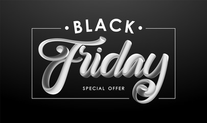 3d lettering composition of Black Friday in frame on dark background. Special offer.