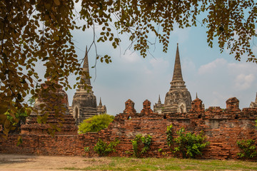 ancient buddhist temple in Ayutthaya historical park,Thailand, there are pagoda and ruins of brick and stucco buildings, Wat Phra Si Sanphet a UNESCO World Heritage Site