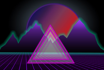 80s style sci-fi, black background with red sunset behind purple mountains and triangle in middle...