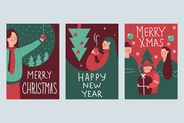 Christmas poster with happy family and woman vector cartoon set isolated on background.