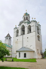 Yaroslavl, Russia - July 25, 2019: Spaso-Preobrazhensky monastery (Spaso-Yaroslavsky monastery). Belfry with the Church of our lady of Pecherskaya