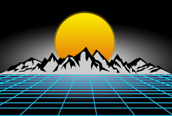 80s style sci-fi, black background with yellow sunset behind white mountains. futuristic...