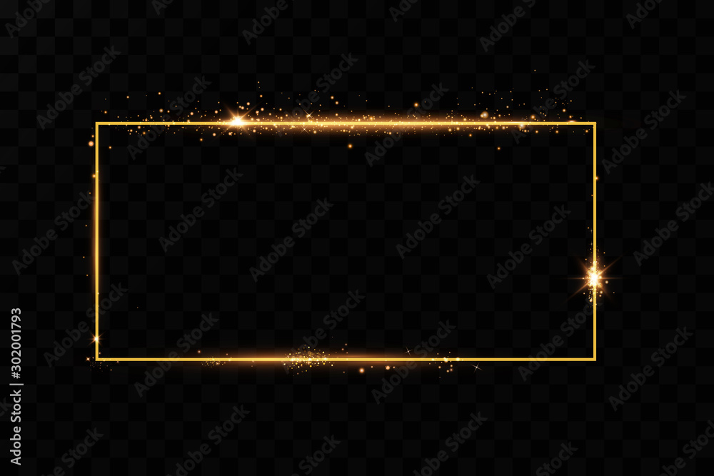Poster golden frame with lights effects. shining rectangle banner. isolated on black transparent background