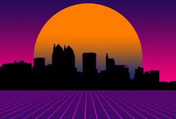 80s style sci-fi, purple background, orange sunset behind black city landscape. futuristic...