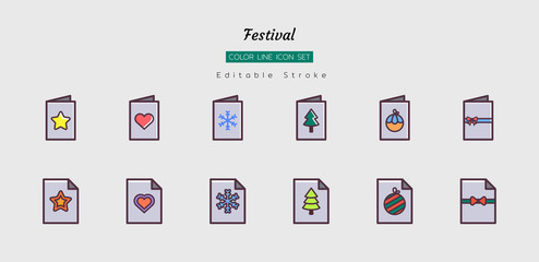 filled color line icon symbol set, festival celebration, christmas, new year, card,  Isolated flat vector design, editable stroke