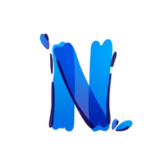 N letter eco logo with blue water drops handwritten with a felt-tip pen.