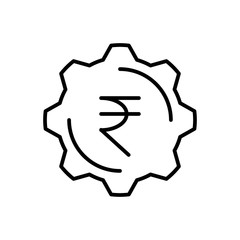 Indian rupee sign and gear icon. Outline thin line flat illustration. Isolated on white background. 