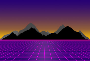 80s style sci-fi, purple background with with black and gray mountains. futuristic illustration or...