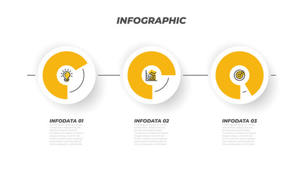 Presentations infographic process template with marketing icons and 3 options, steps, circle. Vector creative design elements. Can be used for workflow layout, info chart, web design.